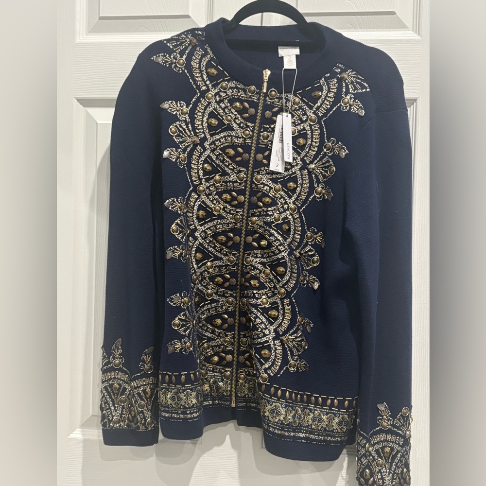 Chico's Navy and Gold Embroidered Sweater
